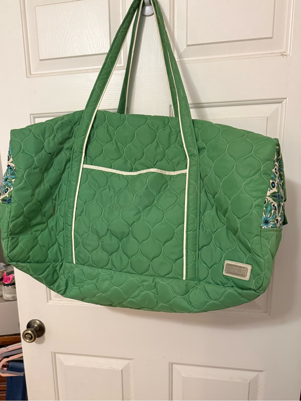 Cinda B Large Duffle Quilted Verde Bonita Bag with Floral Accents